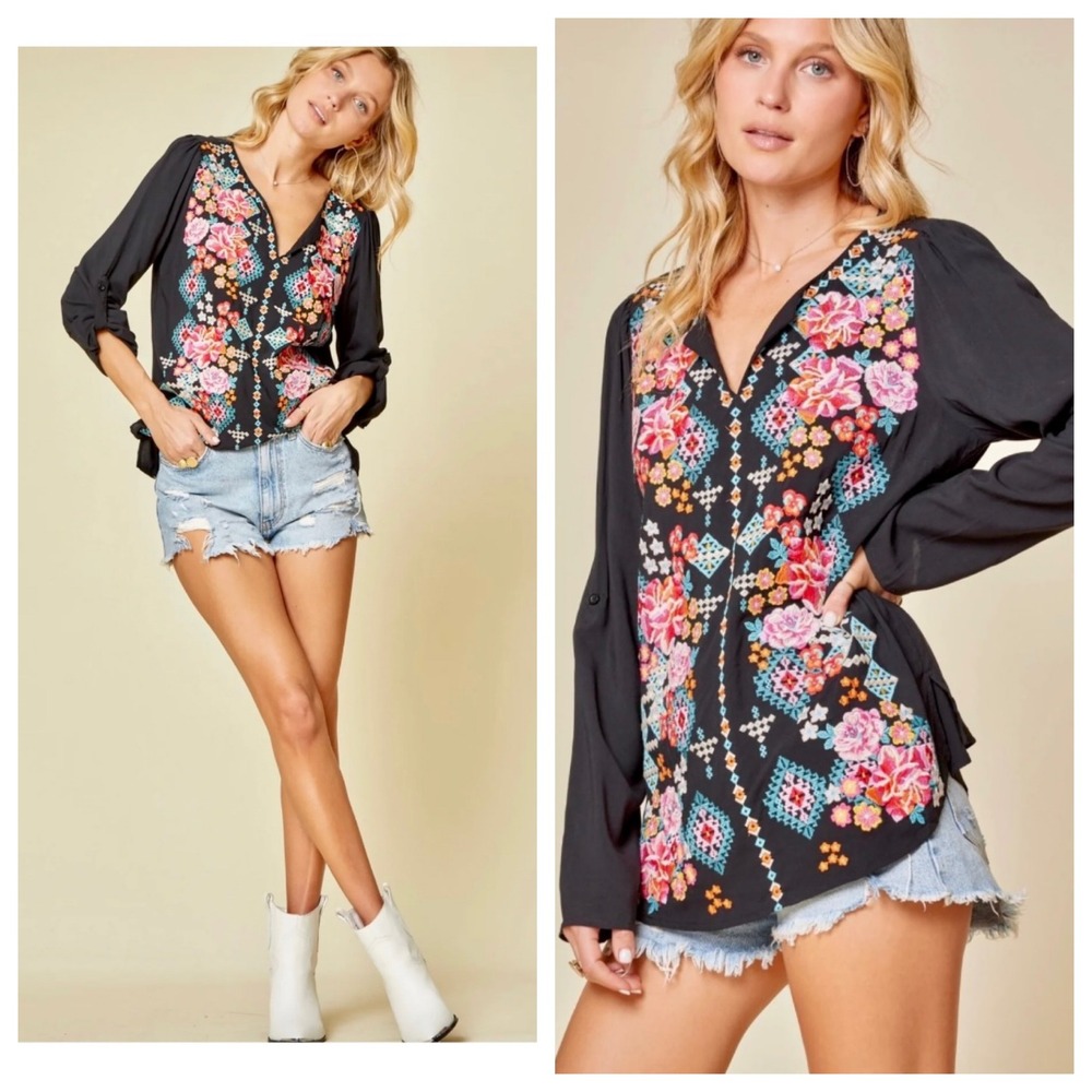 Savanna Jane Roll Tab Sleeve Black Floral Embroidered Top M V-Neck Boho Festival